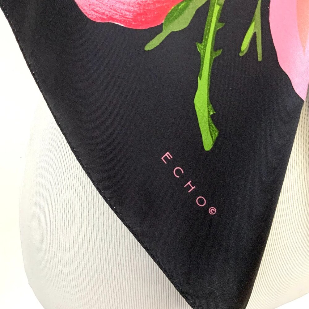 ECHO Large Square Silk Scarf Rose Blossons on Black Background 35" - Picture 7 of 16